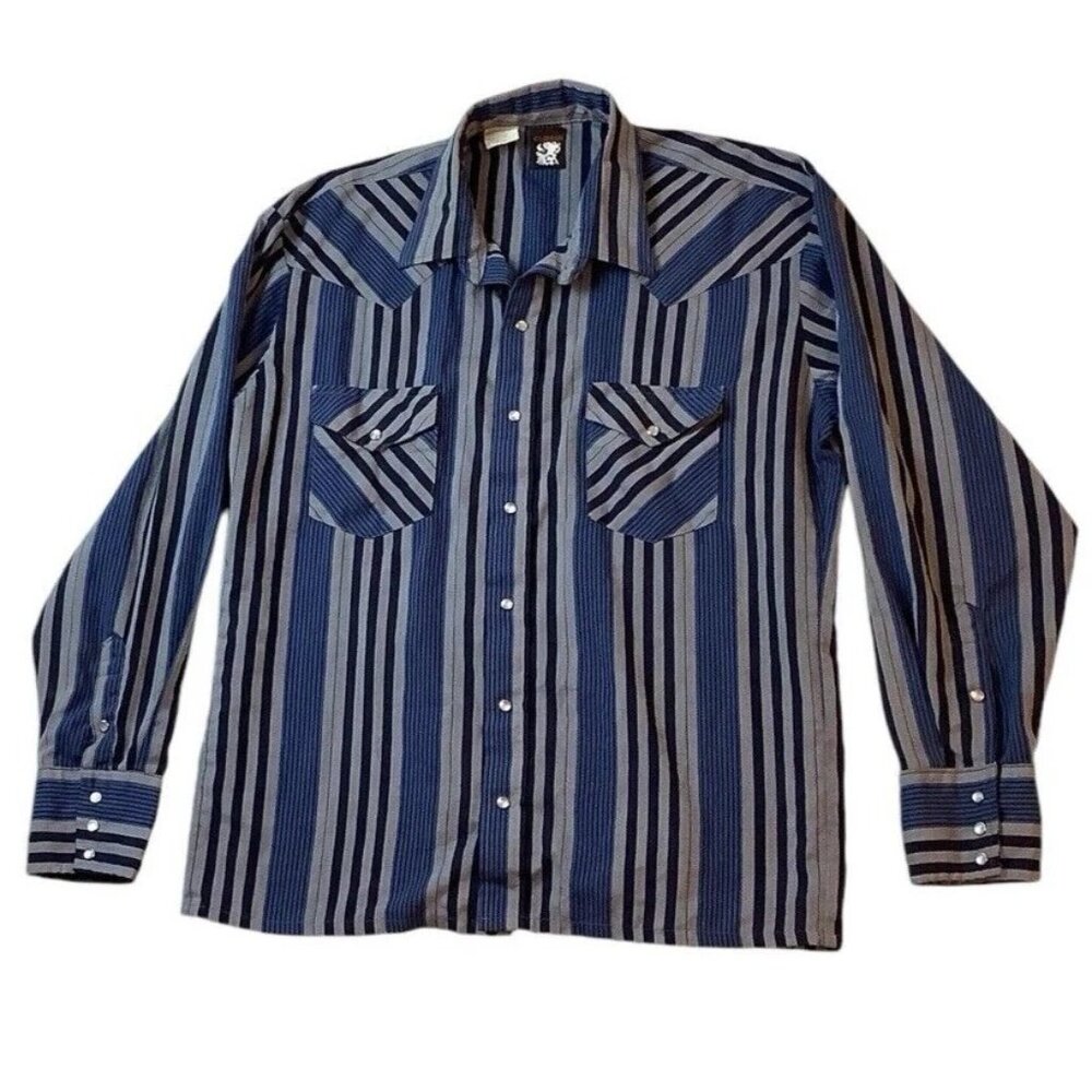 Karman Pearl Snap Long Sleeve Shirt Western Blue Striped Mens Size XL